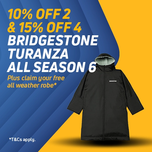 10% Off 2 & 15% off 4 Bridgestone Turanza All Season 6 tyres plus claim a free all weather robe