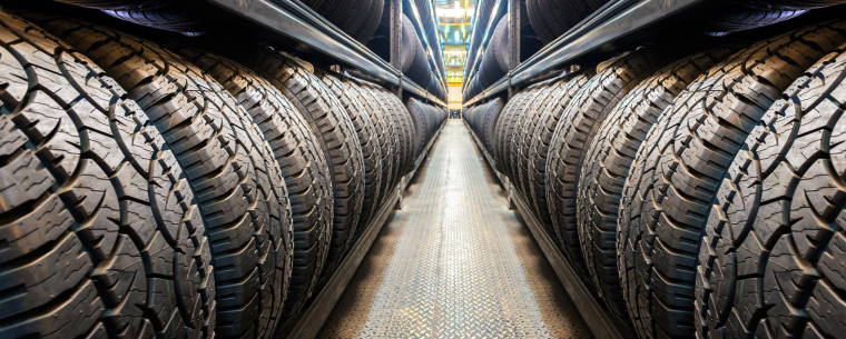 Tyres in a Tyre Hotel Lined Up On Racking 