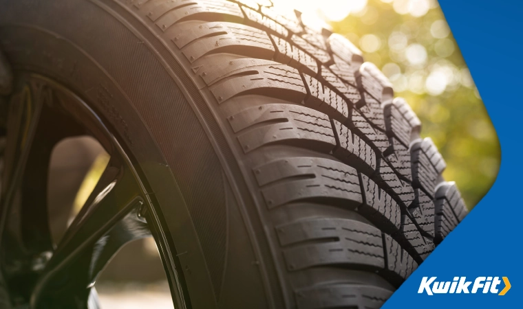 Close up of a car tyres tread pattern and sidewall.